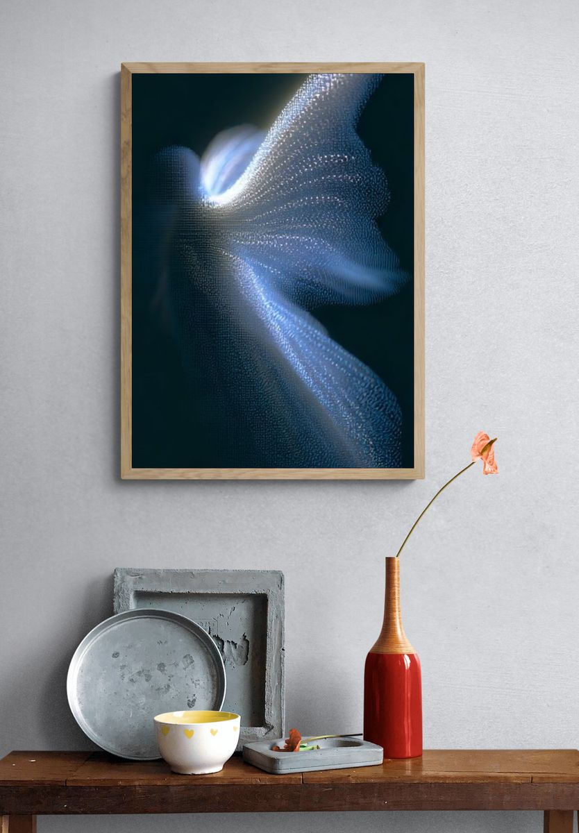 Luminous Blue Particle Flow Poster. — room view 3