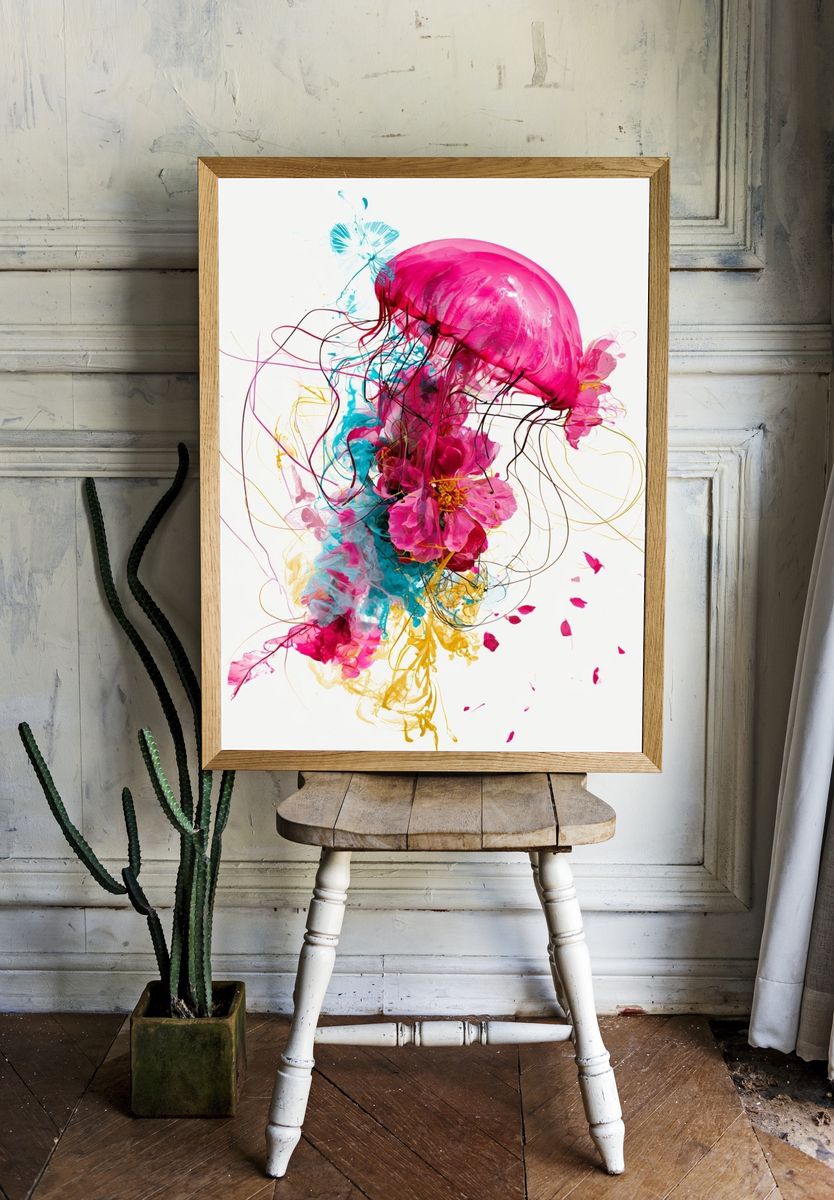 Neon Jellyfish Abstract Poster. — room view 1