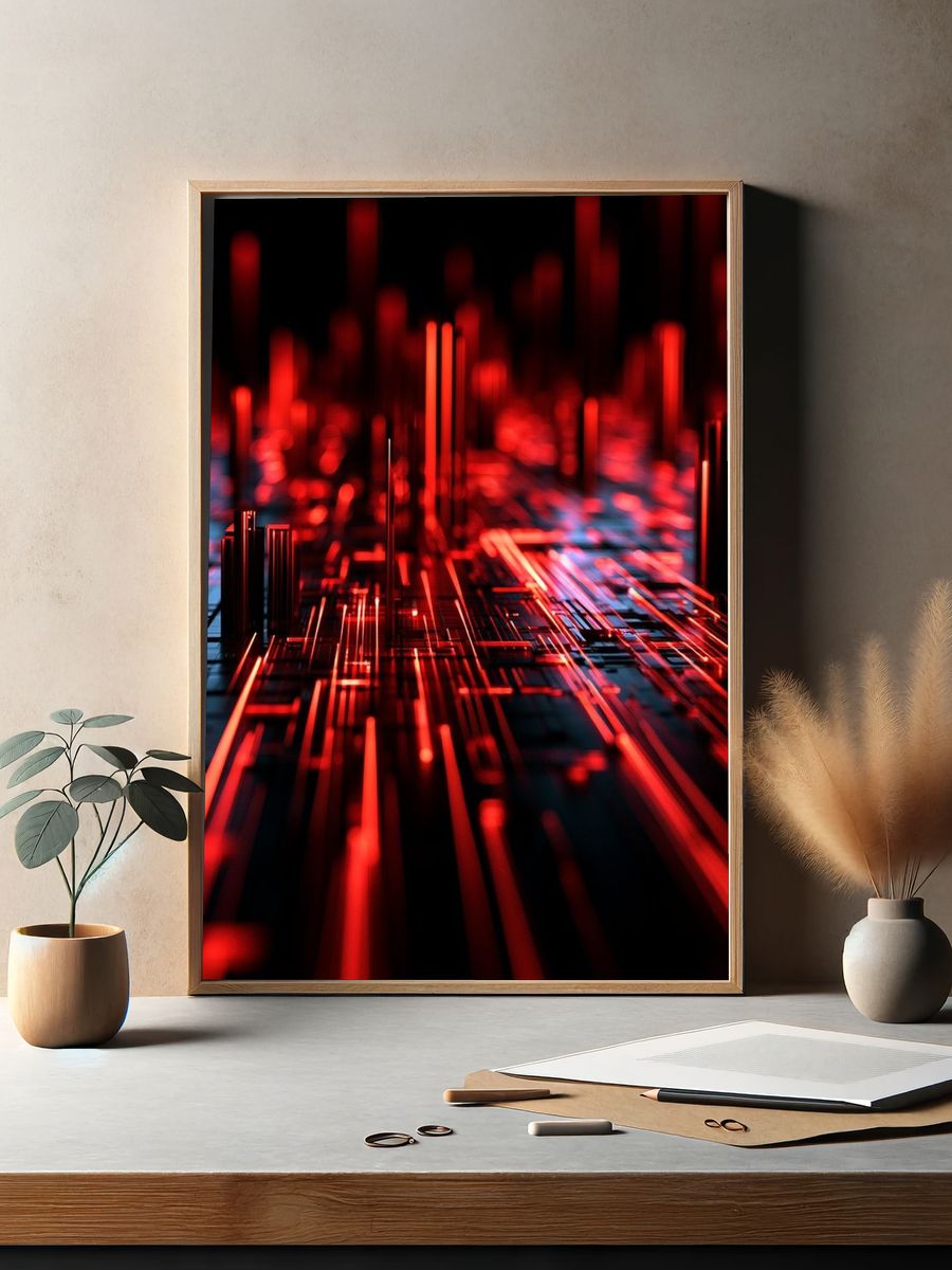 Neon Circuit Grid Abstract Poster. — room view 2