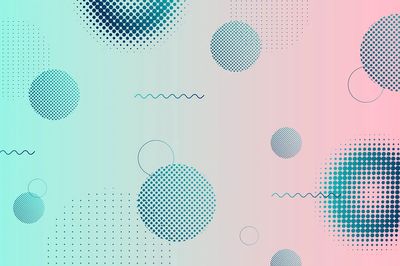 Geometric halftone blue pink background.