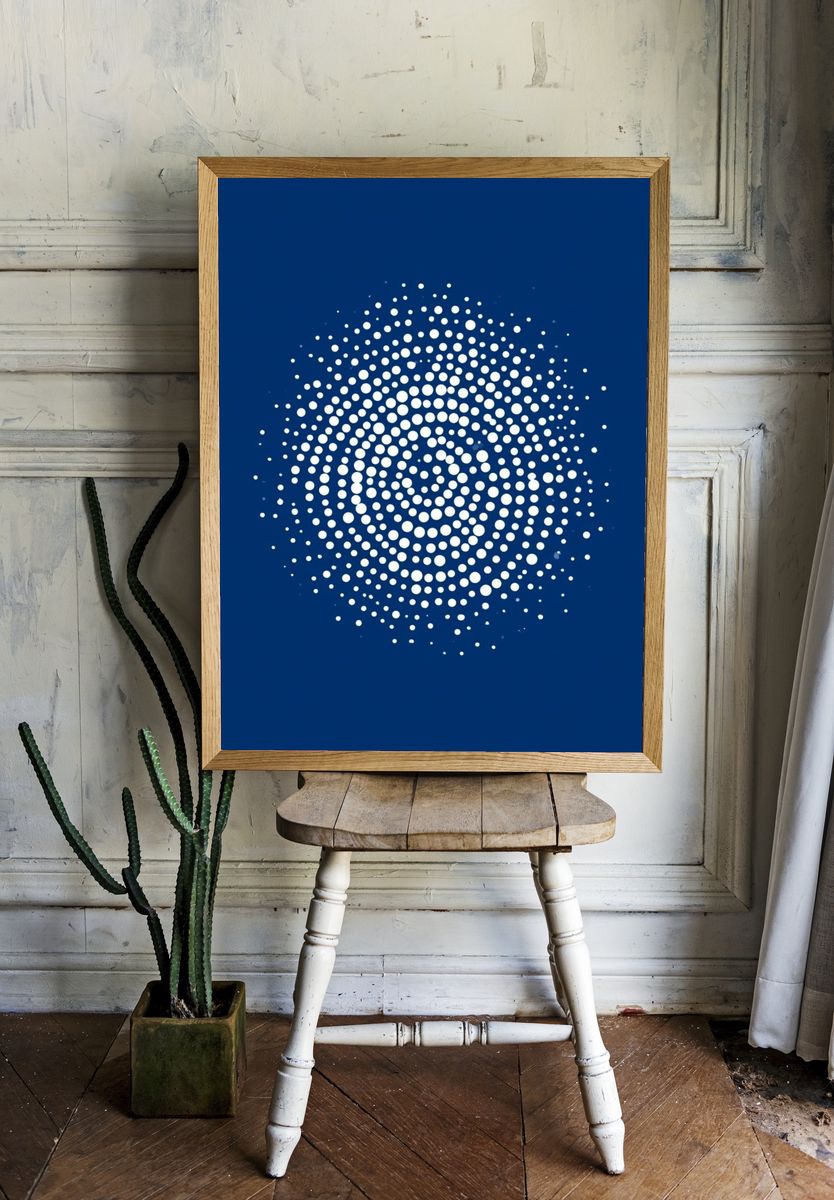 Blue Dot Spiral Abstract Poster. — room view 1