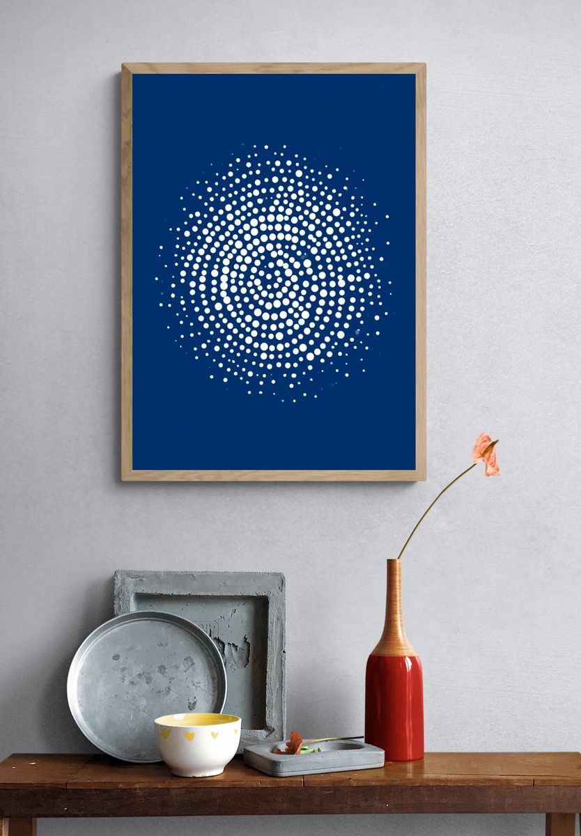 Blue Dot Spiral Abstract Poster. — room view 3
