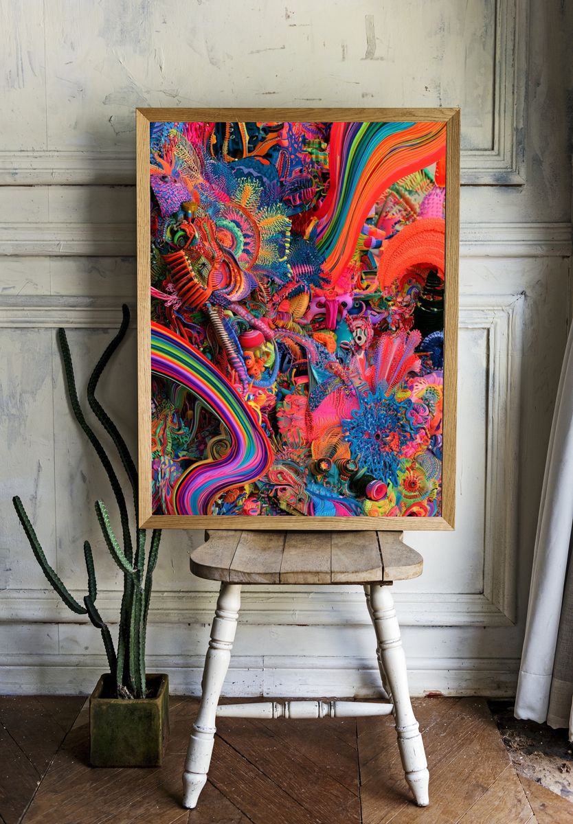 Neon Kaleidoscope Abstract Poster. room preview