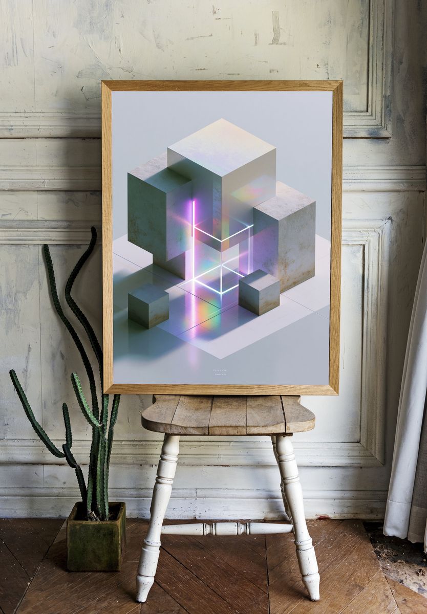 Neon Cubes Abstract Poster. room preview