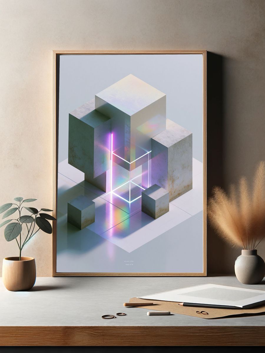 Neon Cubes Abstract Poster. — room view 2