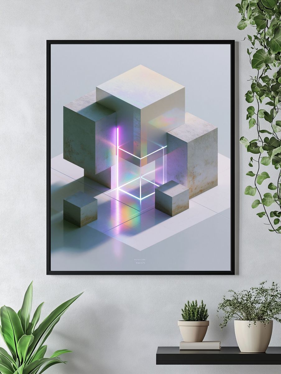 Neon Cubes Abstract Poster. — room view 4