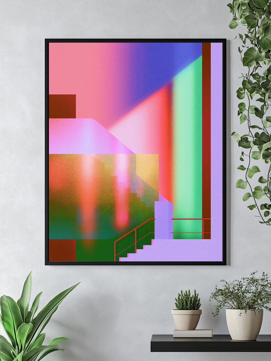Neon Stairway Abstract Poster. — room view 4