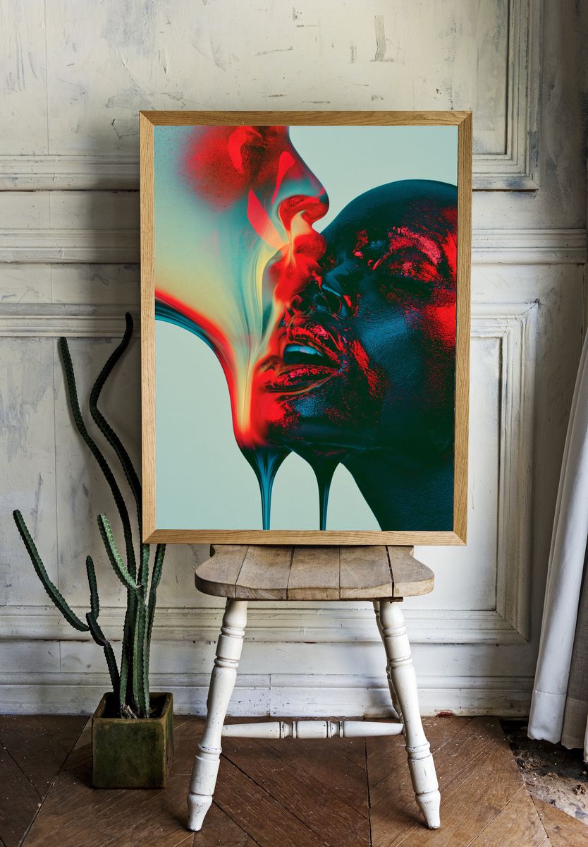 Surreal Neon Face Abstract Print. room preview