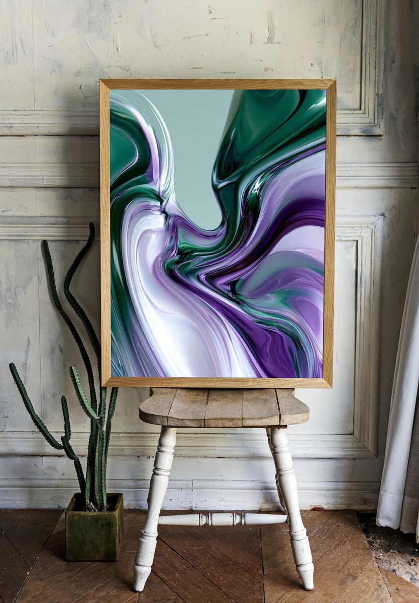 Emerald Violet Flow Abstract Print. room preview