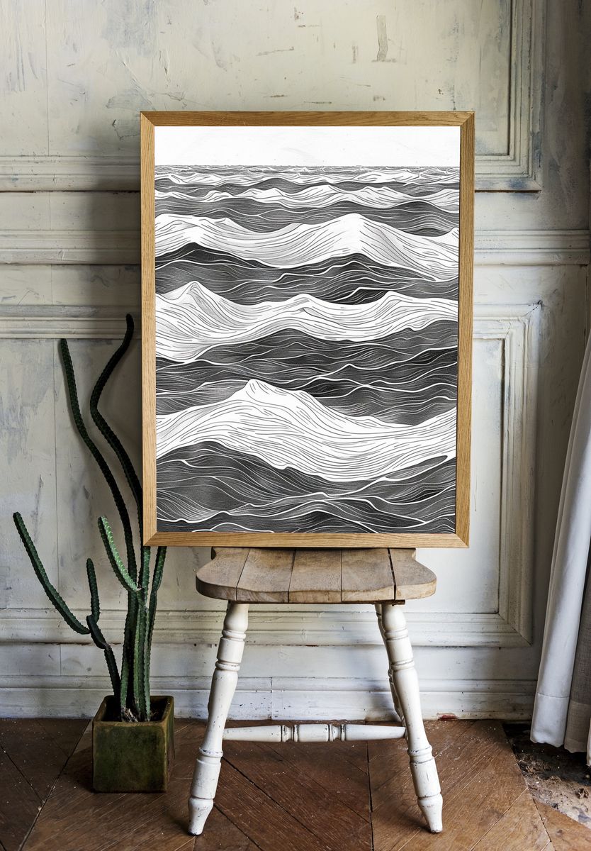 Wavy Monochrome Landscape Print. room preview