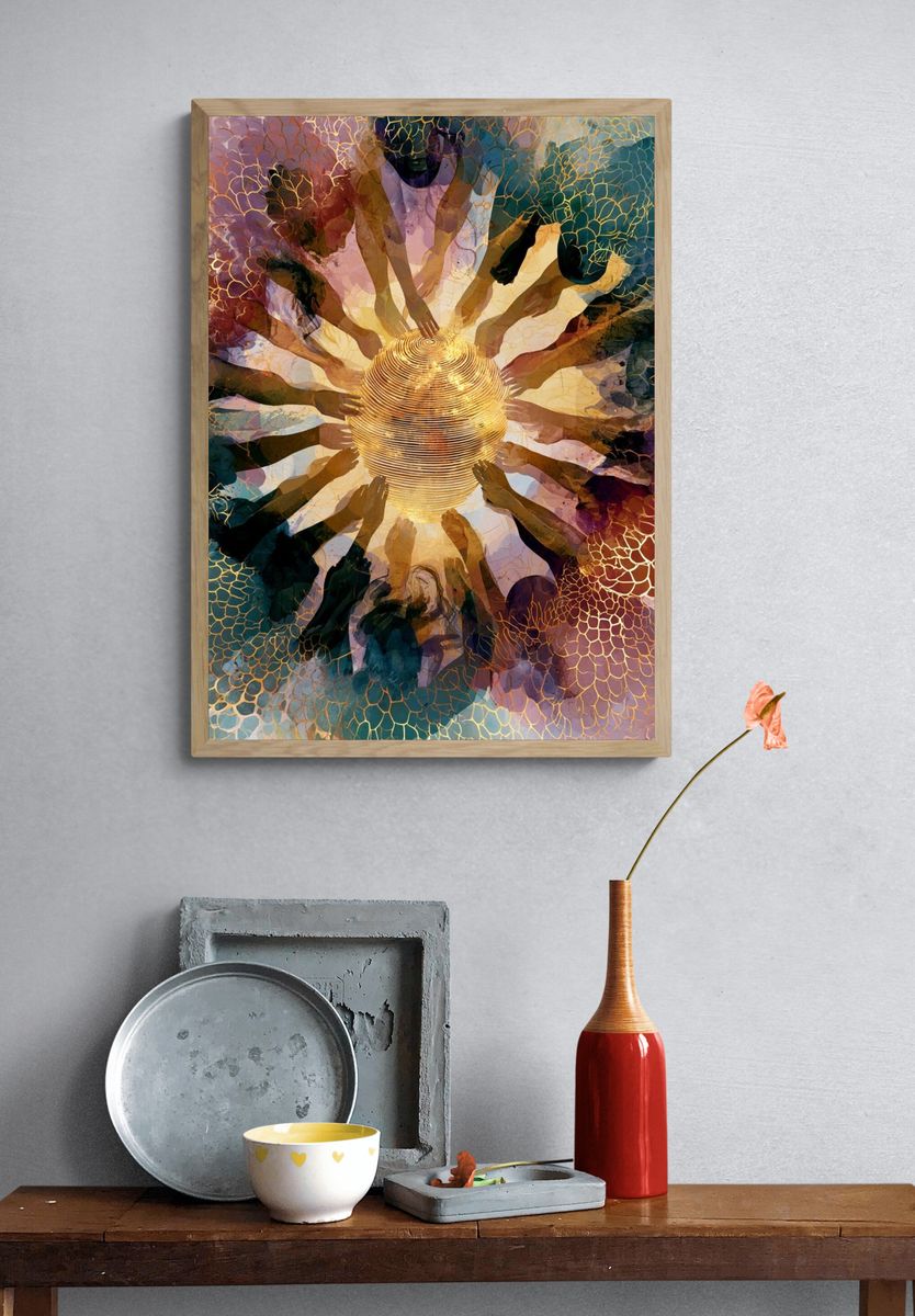 Radiant Circle of Hands Abstract Print. — room view 3