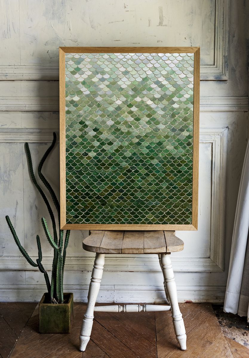 Green Scallop Mosaic Abstract Print. room preview