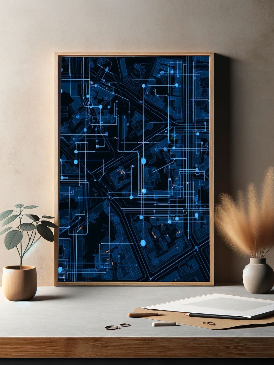 Neon Circuit Grid Abstract Poster. — room view 2