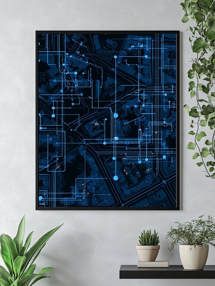 Neon Circuit Grid Abstract Poster. — room view 4