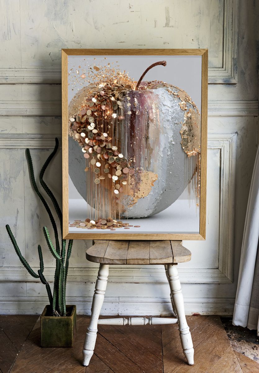 Golden Coin Apple Abstract Print. room preview