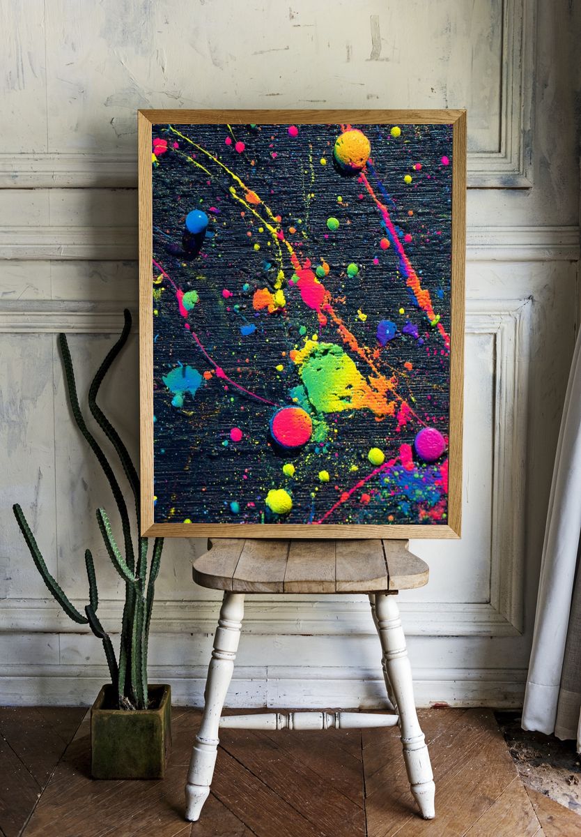Neon Paint Splatter Abstract Poster. — room view 1