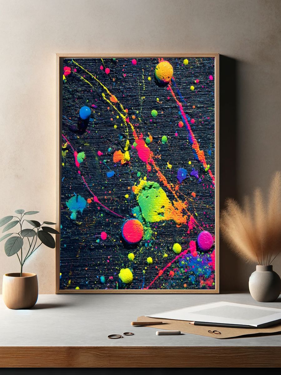 Neon Paint Splatter Abstract Poster. — room view 2
