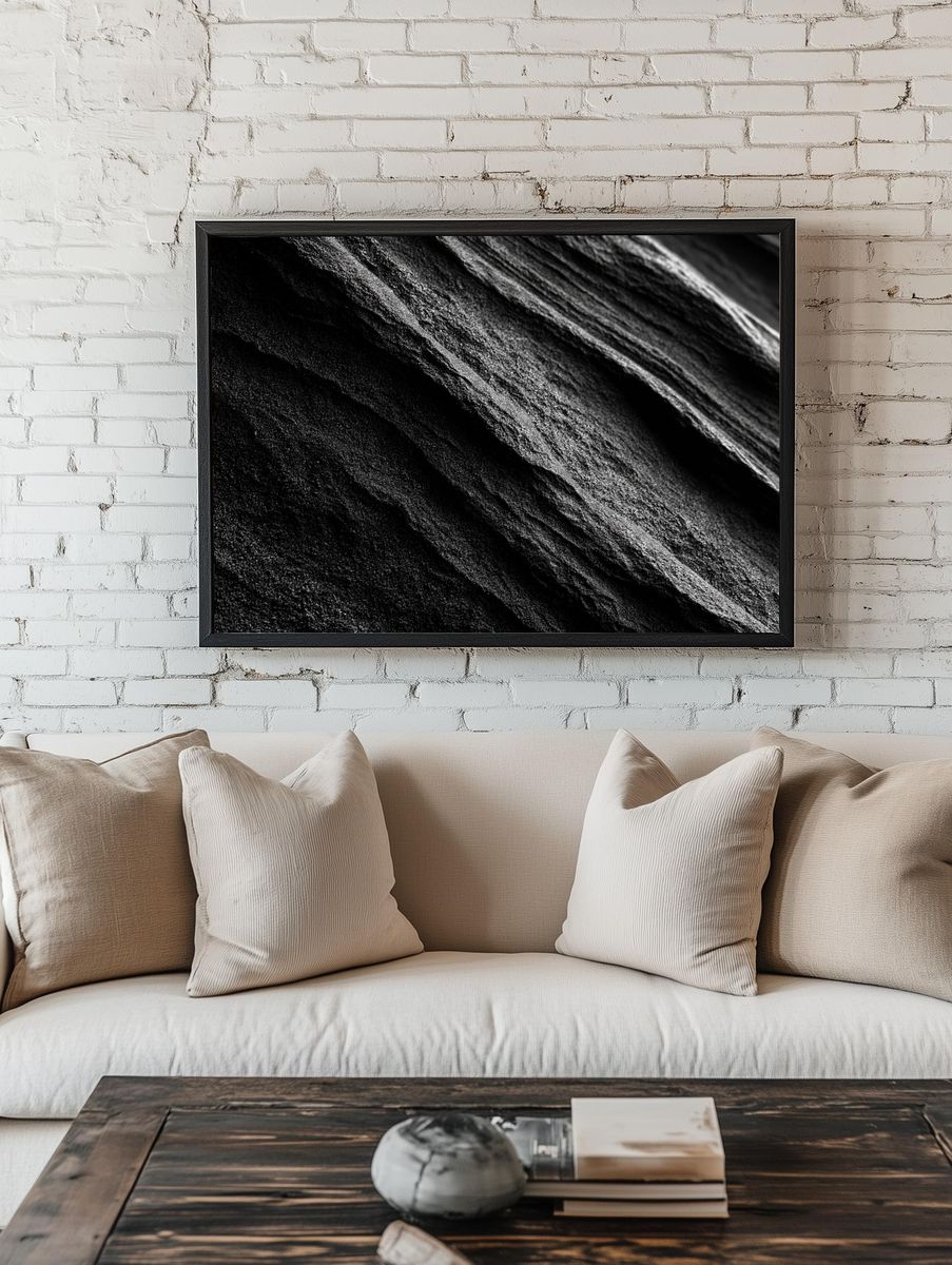 Monochrome Rock Texture Abstract Print. room preview