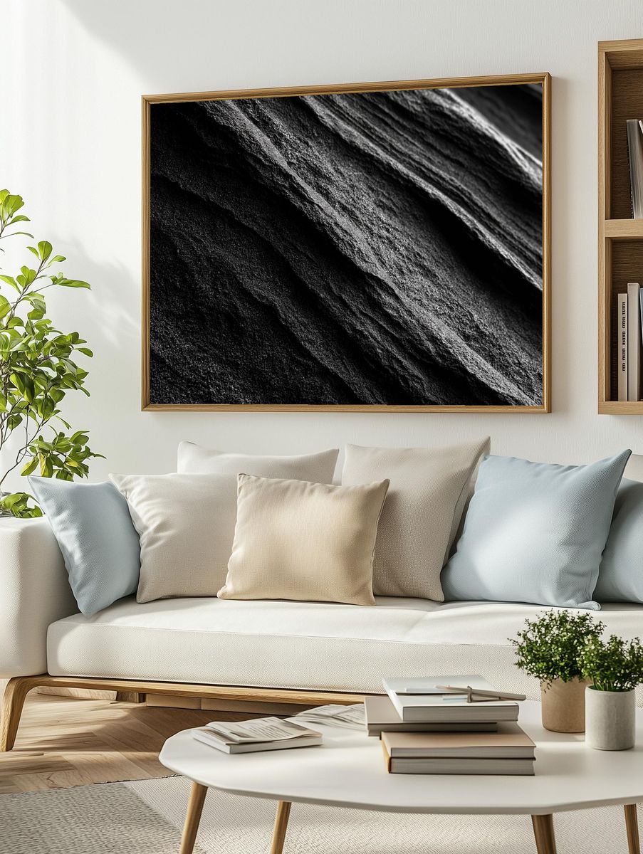 Monochrome Rock Texture Abstract Print. — room view 2