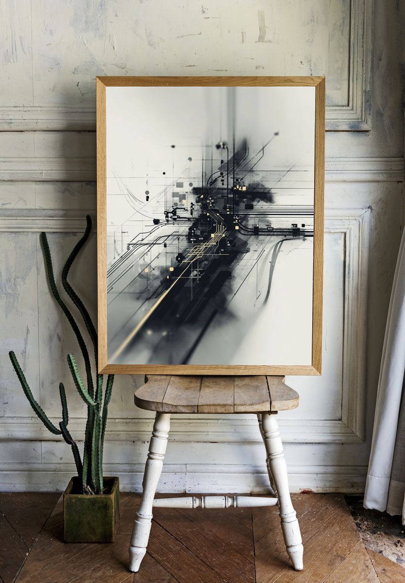 Monochrome Circuit Abstract Poster. — room view 1