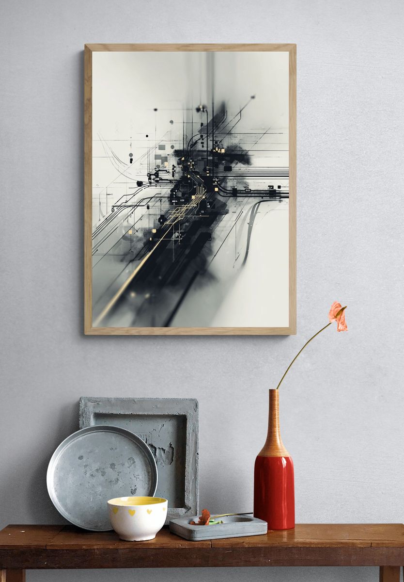 Monochrome Circuit Abstract Poster. — room view 3