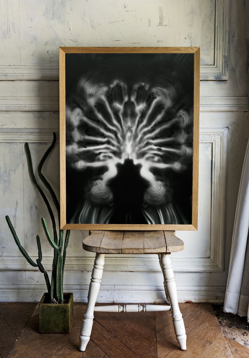 Monochrome Neural Bloom Abstract Print. room preview