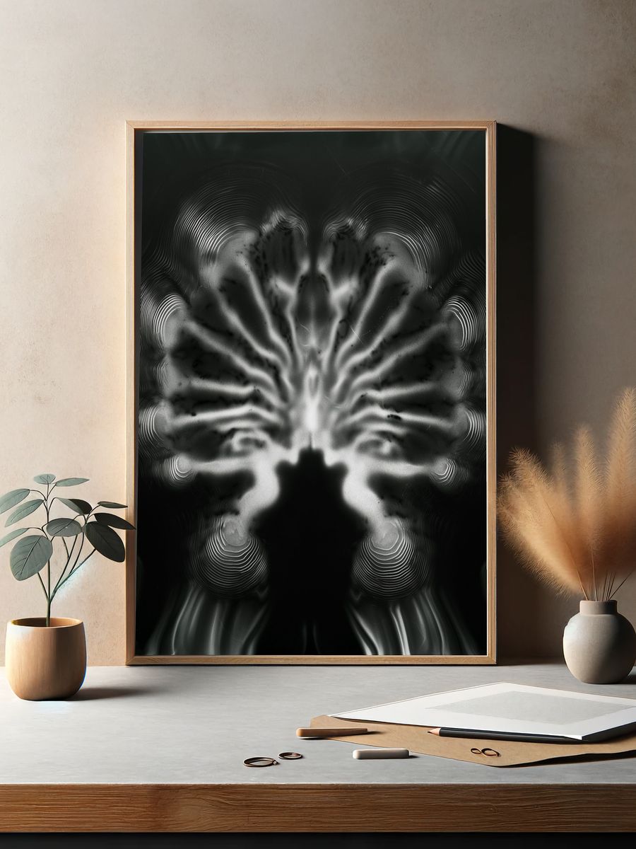 Monochrome Neural Bloom Abstract Print. — room view 2