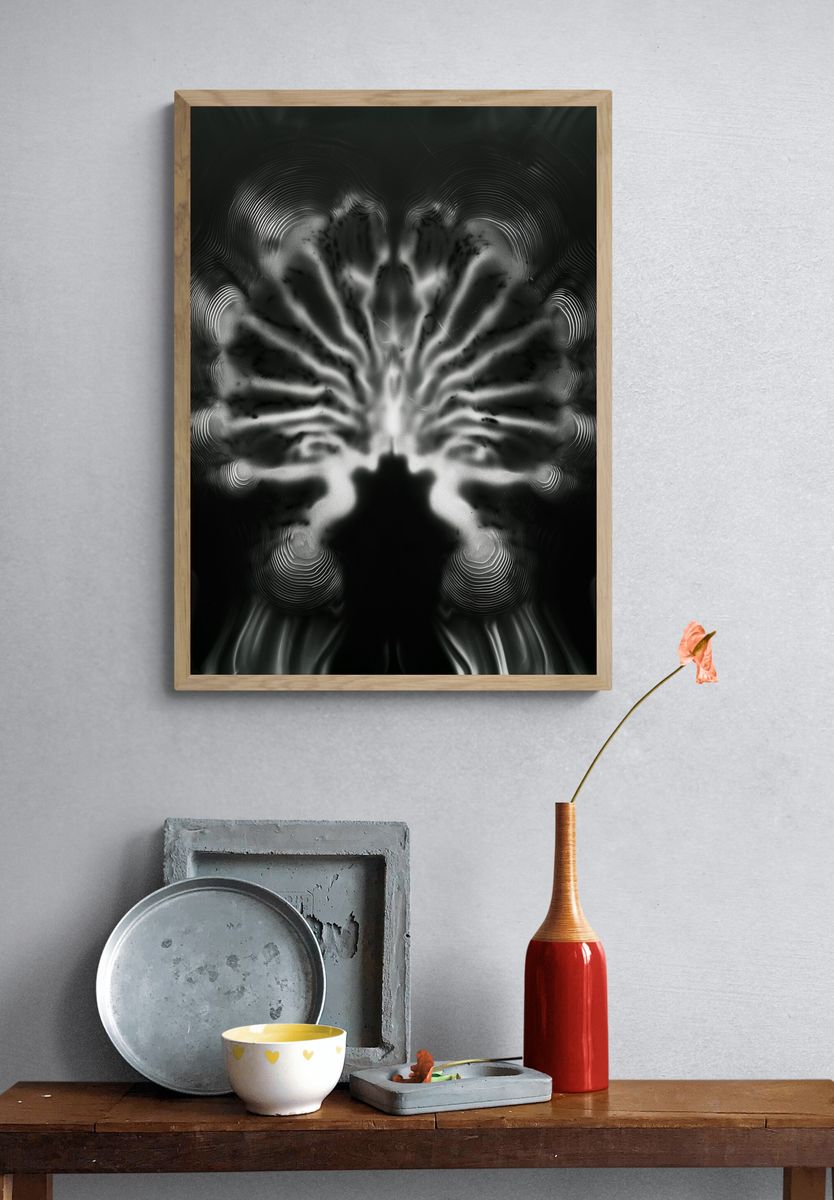Monochrome Neural Bloom Abstract Print. — room view 3