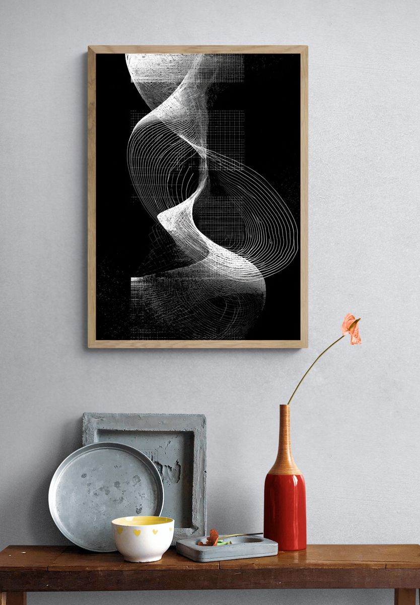 Monochrome Spiral Grid Abstract Poster. — room view 3