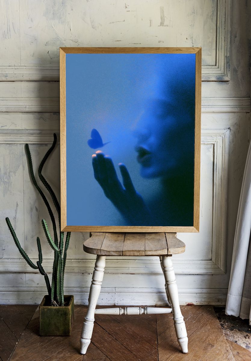 Blue Butterfly Silhouette Abstract Print. room preview