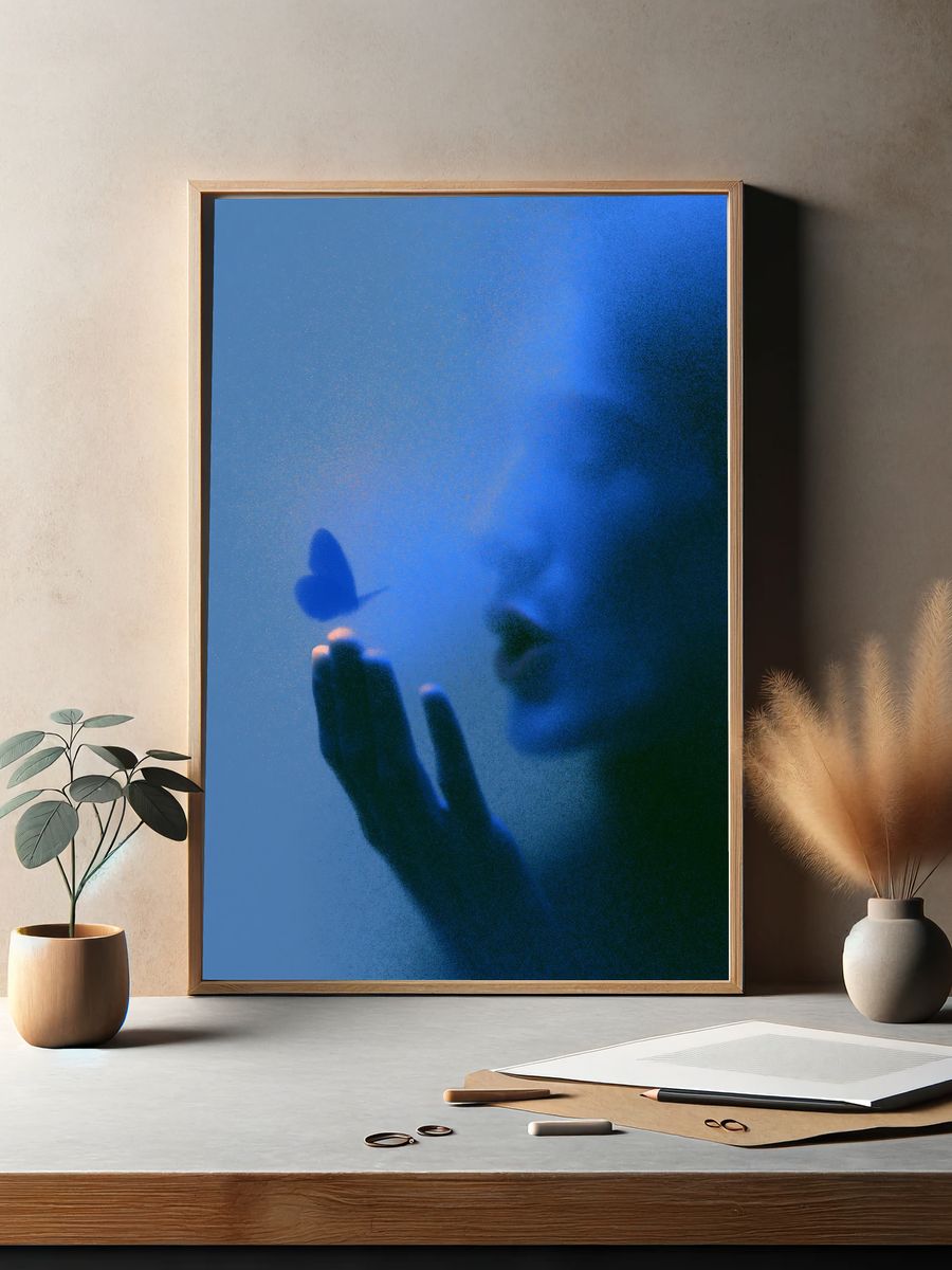 Blue Butterfly Silhouette Abstract Print. — room view 2