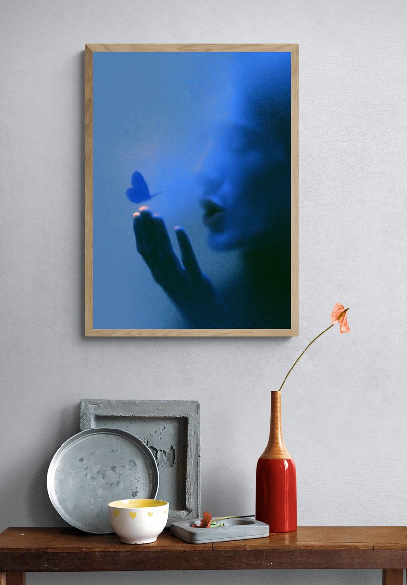 Blue Butterfly Silhouette Abstract Print. — room view 3
