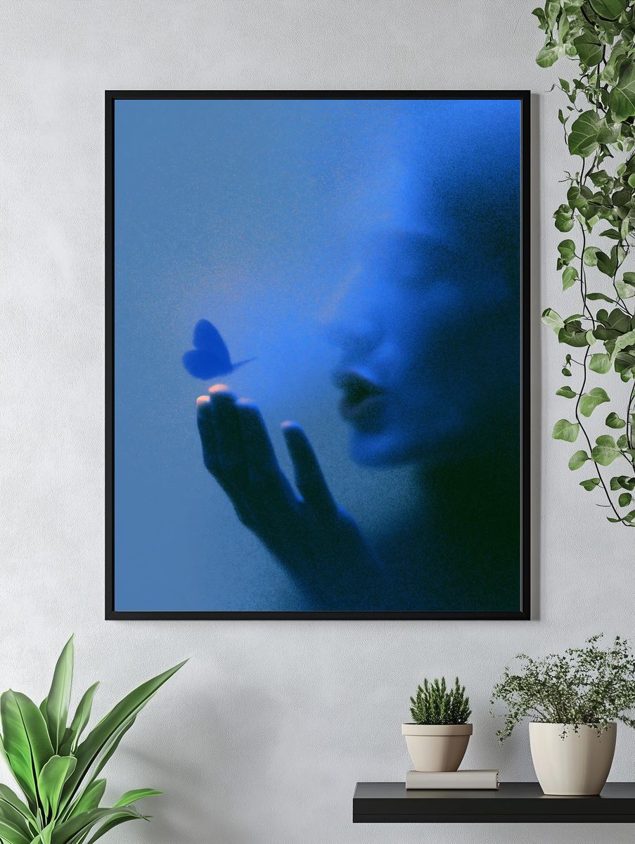 Blue Butterfly Silhouette Abstract Print. — room view 4