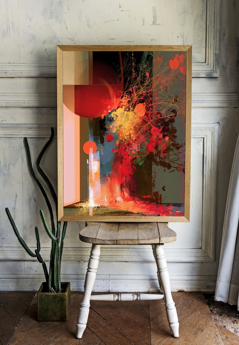 Crimson Bloom Abstract Poster. room preview