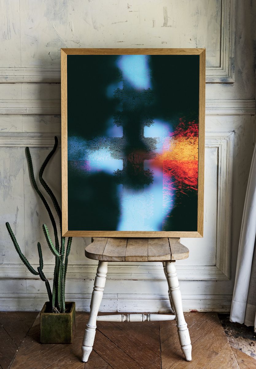 Neon Circuit Cross Abstract Poster. room preview