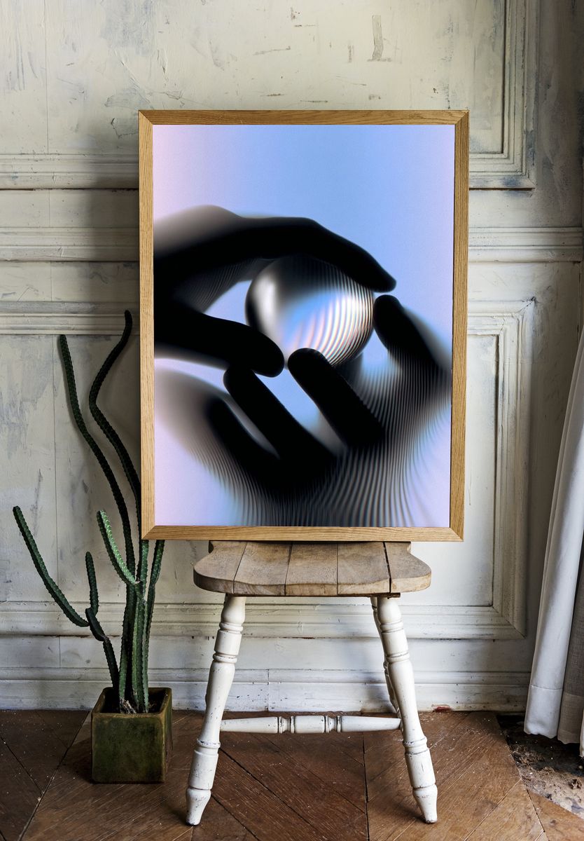 Hands Holding a Glass Sphere — Abstract Print. — room view 1
