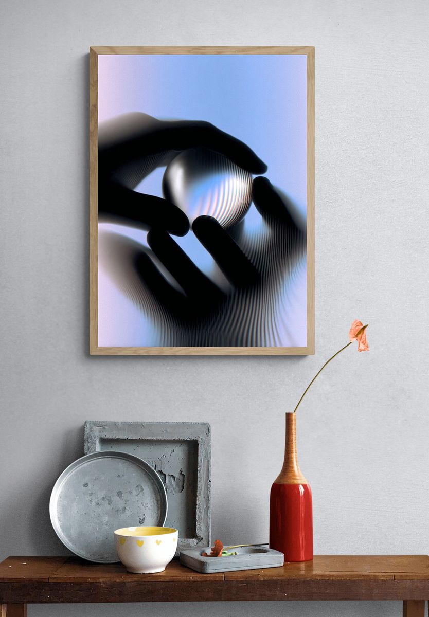 Hands Holding a Glass Sphere — Abstract Print. — room view 3