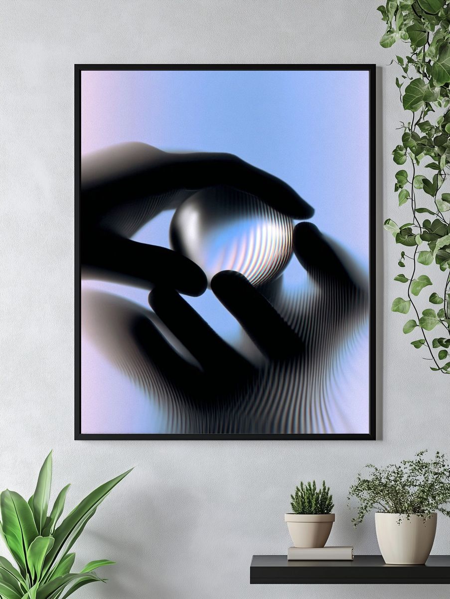 Hands Holding a Glass Sphere — Abstract Print. — room view 4