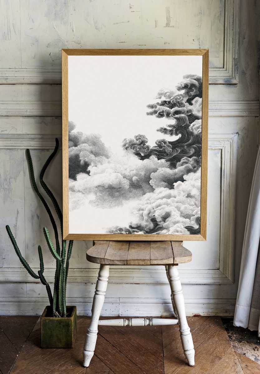 Monochrome Cloudscape Abstract Print. — room view 1