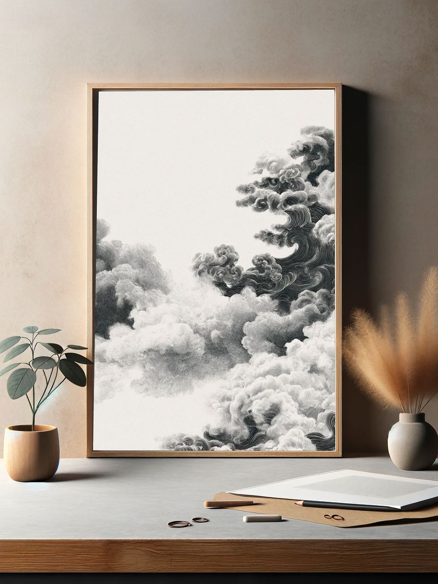 Monochrome Cloudscape Abstract Print. — room view 2