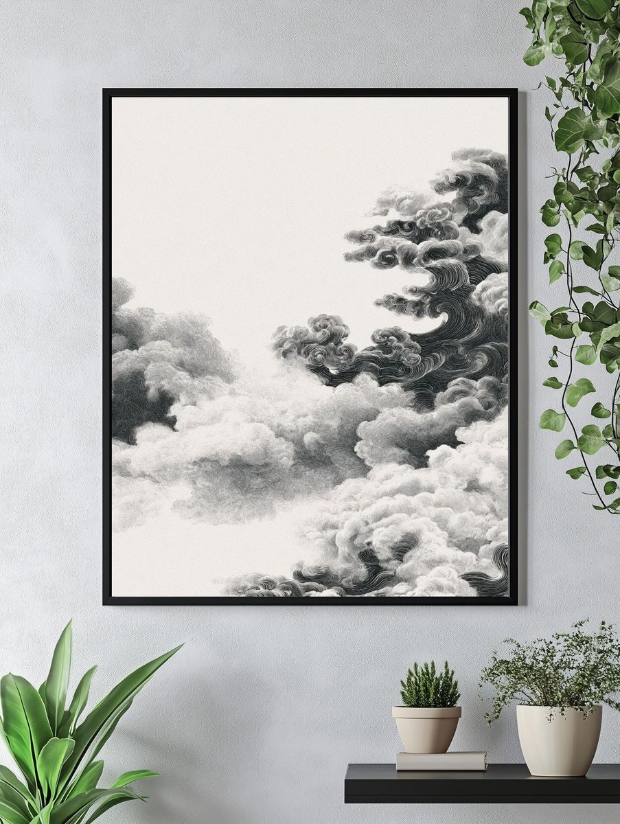 Monochrome Cloudscape Abstract Print. — room view 4