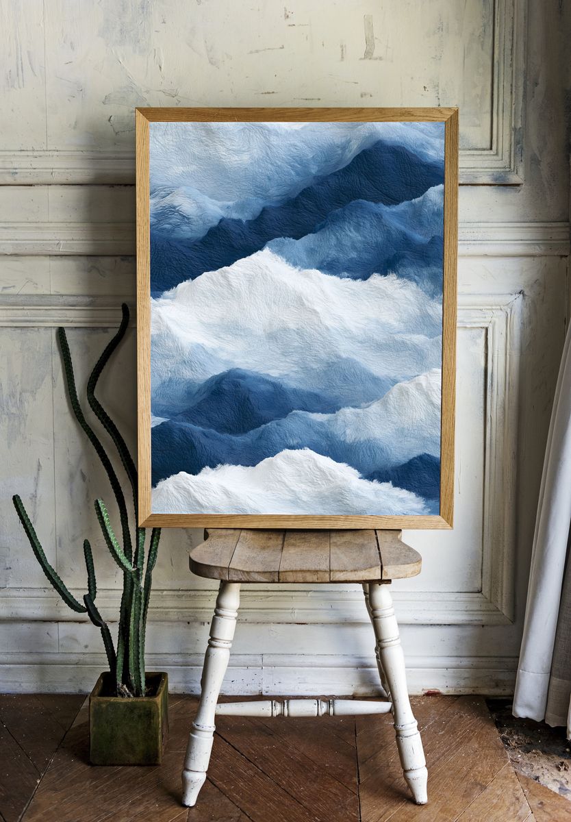 Blue Mountain Clouds Abstract Print. room preview