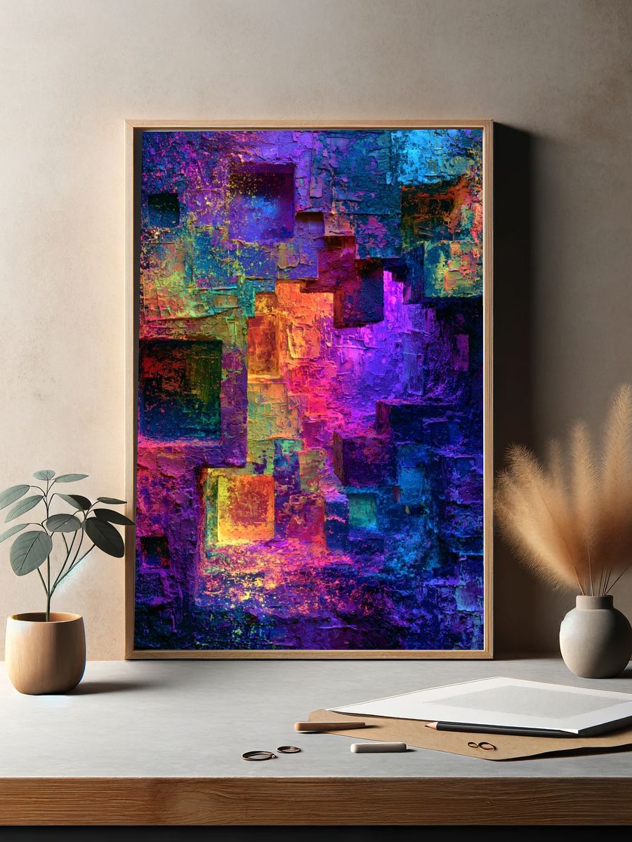 Neon Cubist Glow Poster. — room view 2