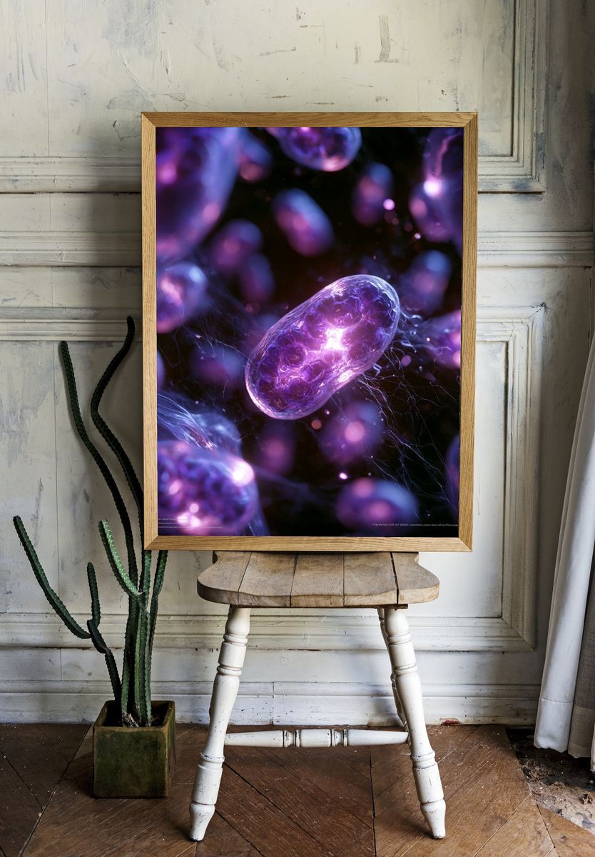Glowing Purple Cells Abstract Print. — room view 1