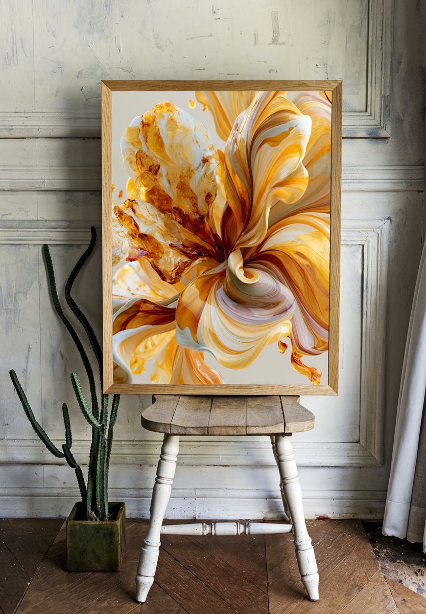 Golden Petal Swirl Abstract Print. room preview