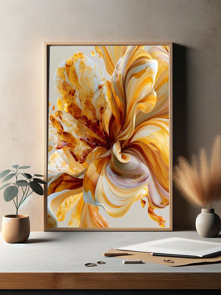 Golden Petal Swirl Abstract Print. — room view 2