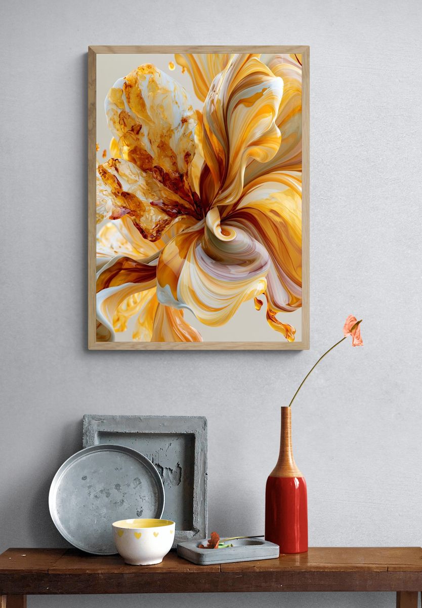 Golden Petal Swirl Abstract Print. — room view 3