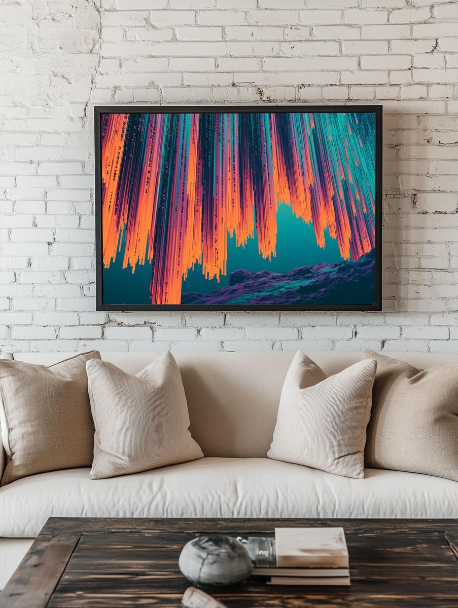 Neon Glitch Cascade Abstract Poster. room preview