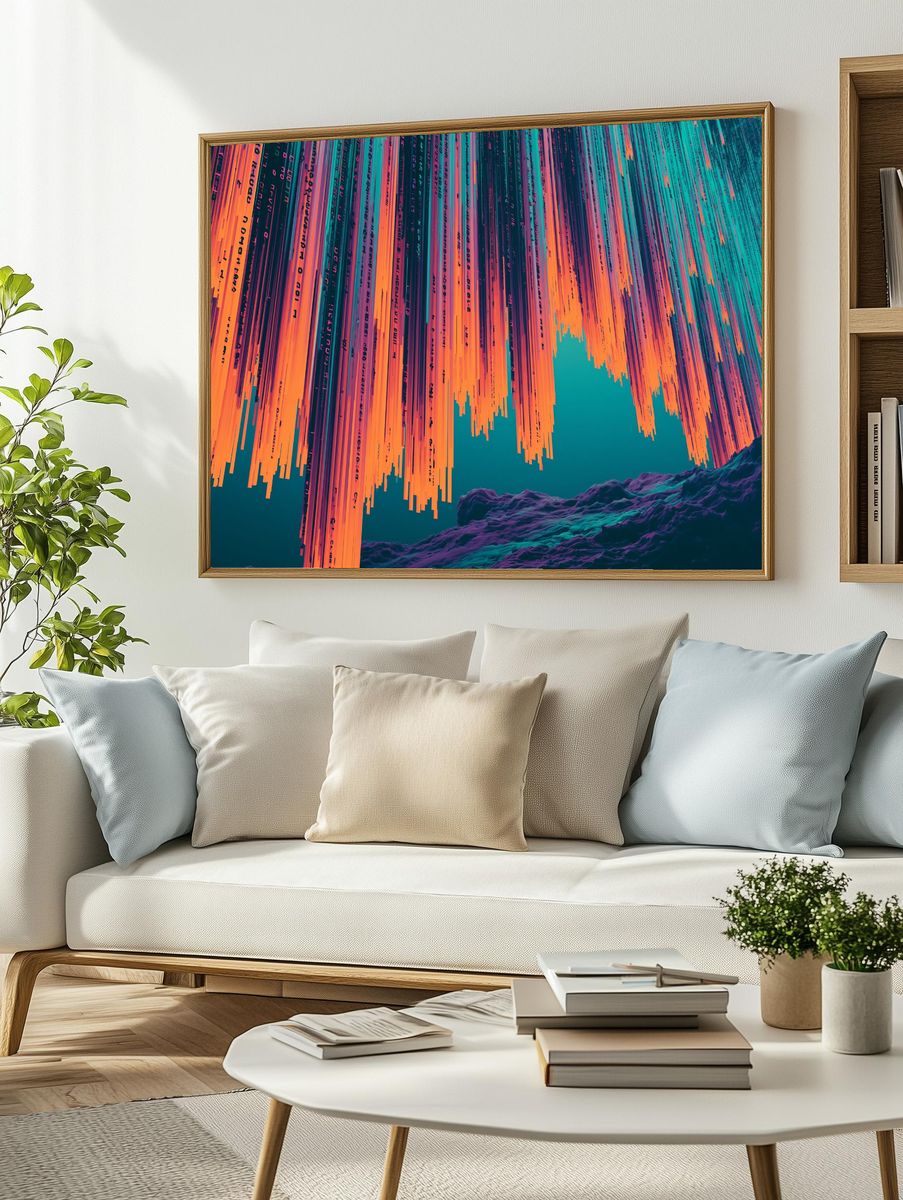 Neon Glitch Cascade Abstract Poster. — room view 2
