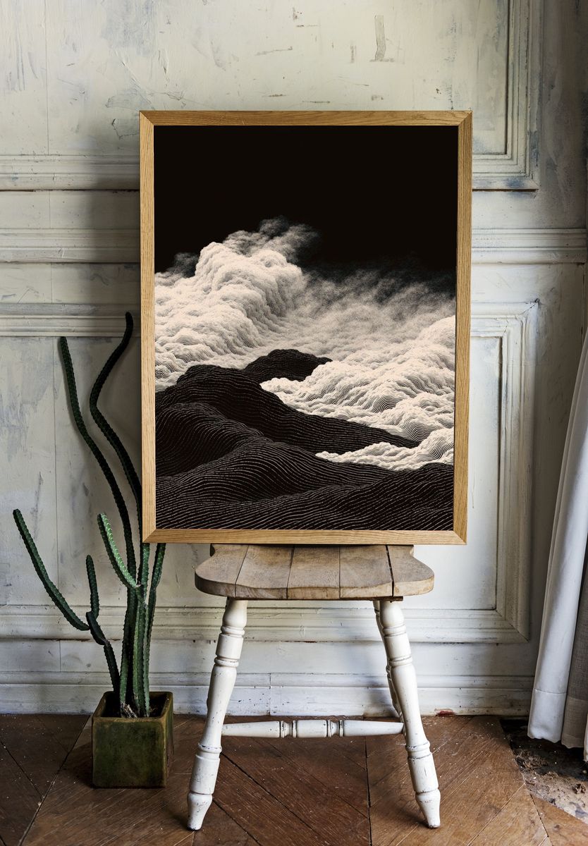 Monochrome Cloudscape Abstract Print. room preview